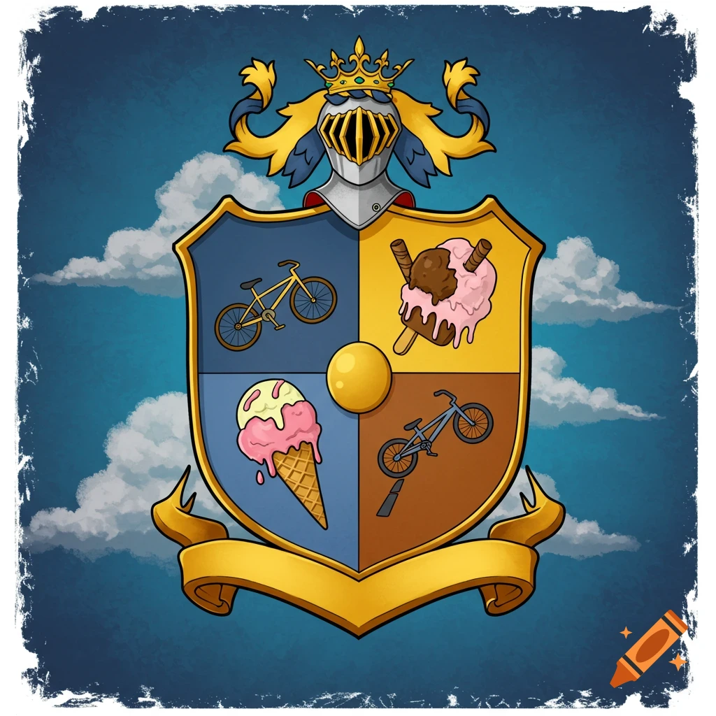 A stylized coat of arms features a knight's helmet and crown atop a shield. The shield is divided into four quadrants: two with bicycles and two with ice cream cones, all against a blue sky with clouds. The shield is framed by a golden ribbon at the bottom.