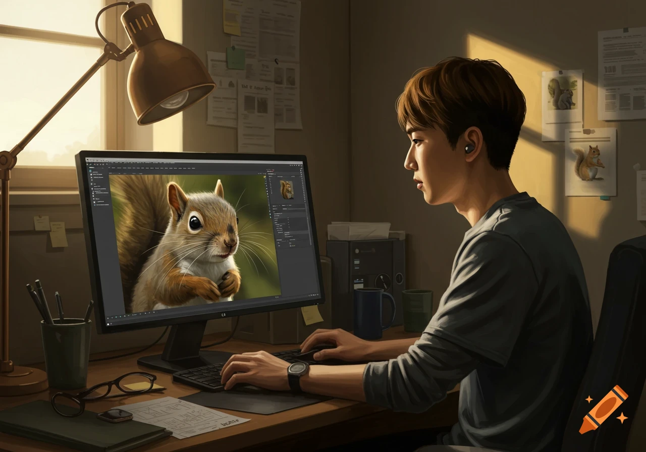 A man sits at a desk in an office, editing a realistic image of a squirrel on a large computer monitor. Sunlight streams in from a window.
