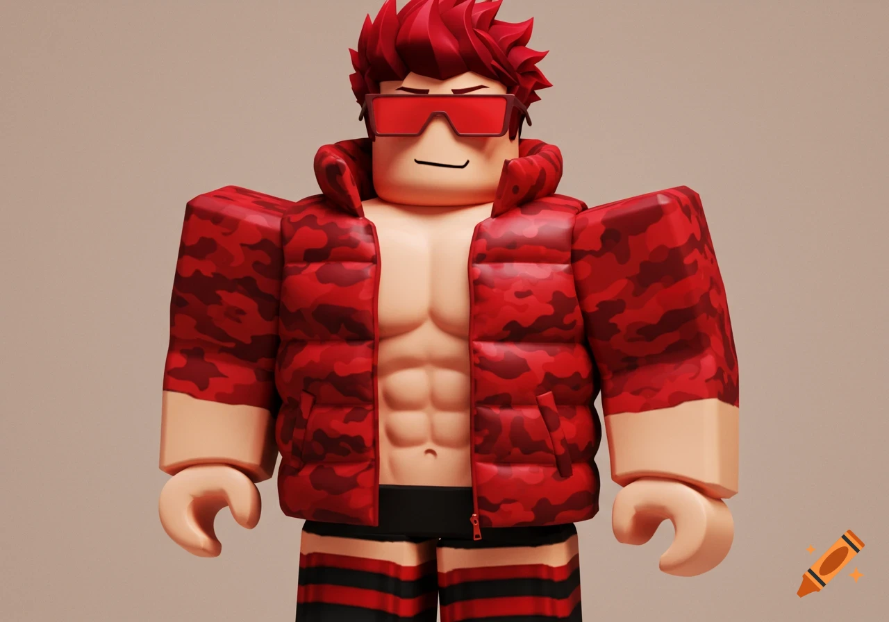 A muscular Roblox character with spiky red hair and red sunglasses, wearing an open red camouflage puffer vest and black and red striped pants.