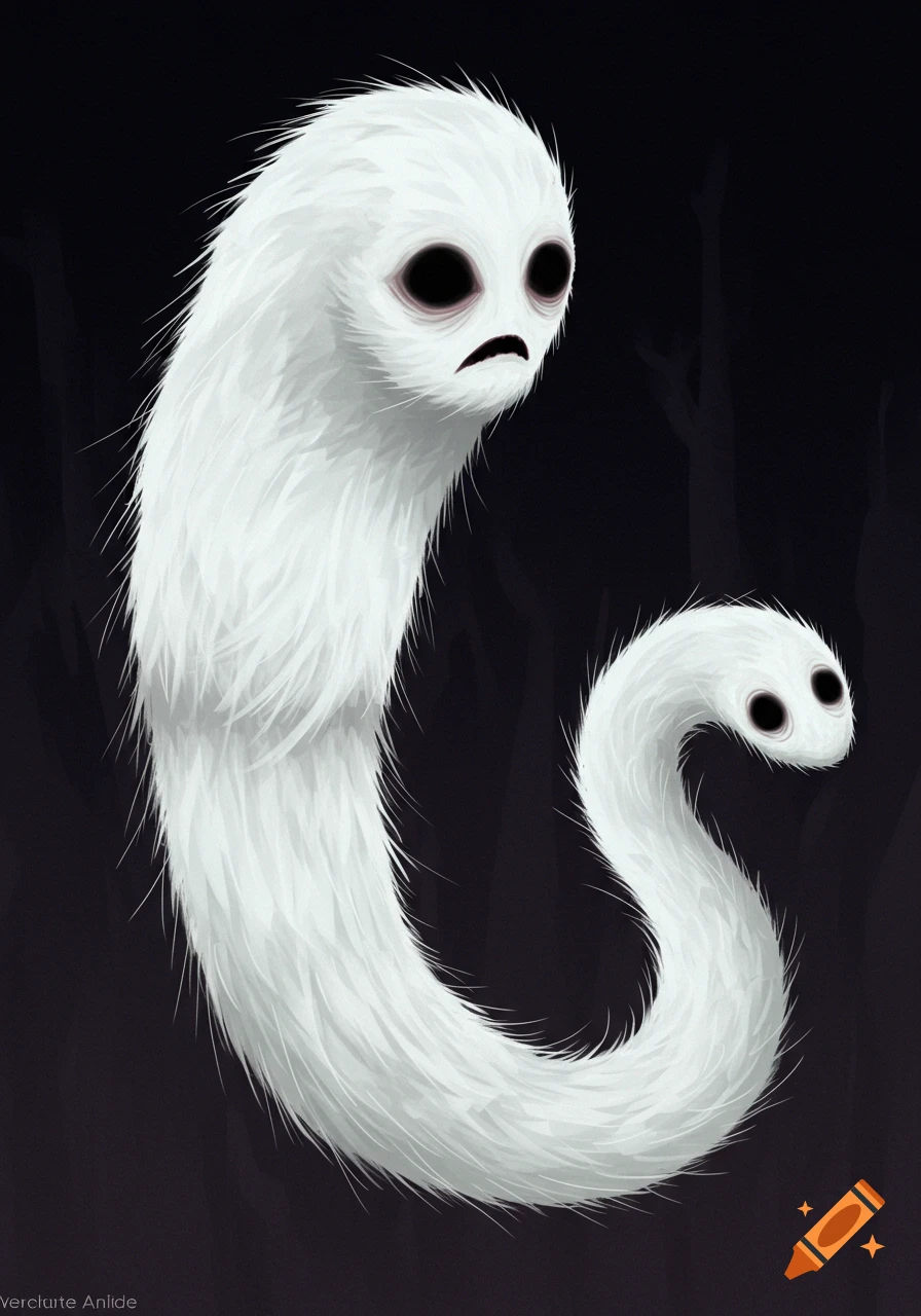 Two sad-looking, white, furry, worm-like creatures with large black eyes float in a dark background.