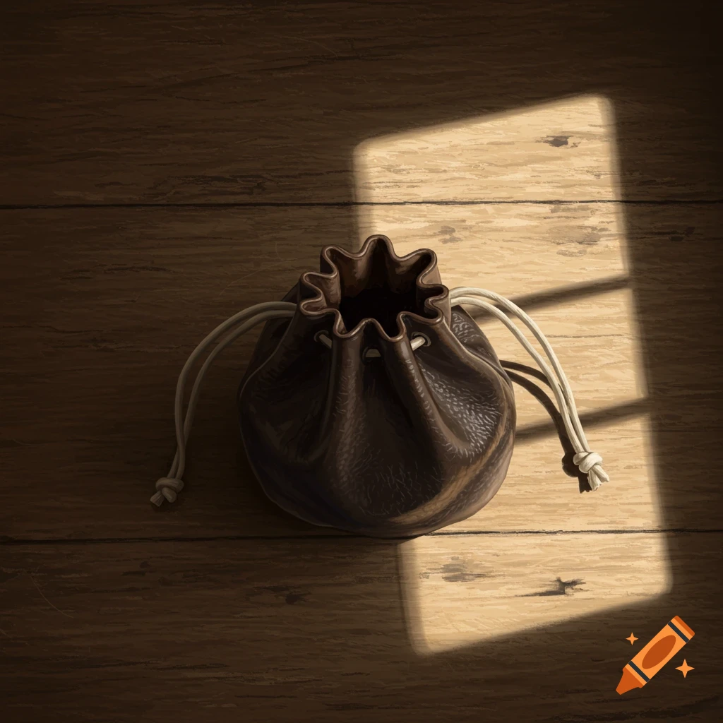 A leather drawstring pouch sits on a wooden table, illuminated by a rectangular window's light.
