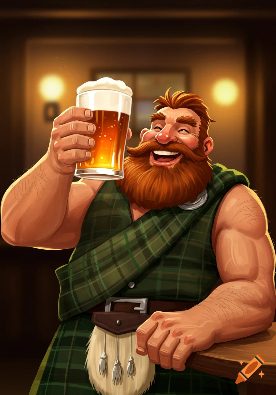 A strong, smiling, bearded redhead man in a green tartan kilt holds up a pint of beer in a vibrant cartoon illustration.