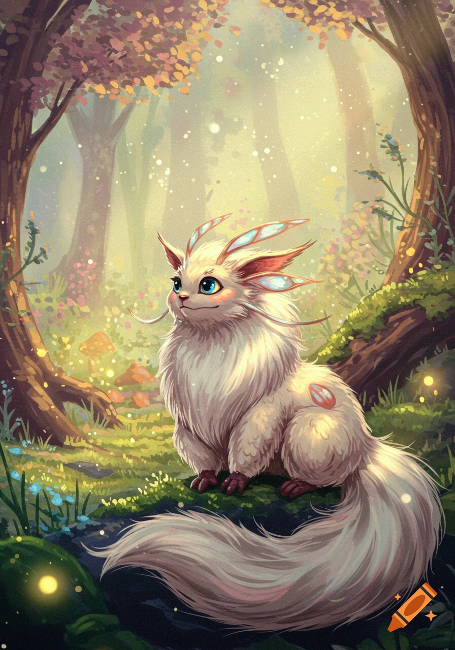 A fluffy white fantasy creature with blue eyes and feathery ears sits in a sunlit, vibrant forest, in a Studio Ghibli art style.