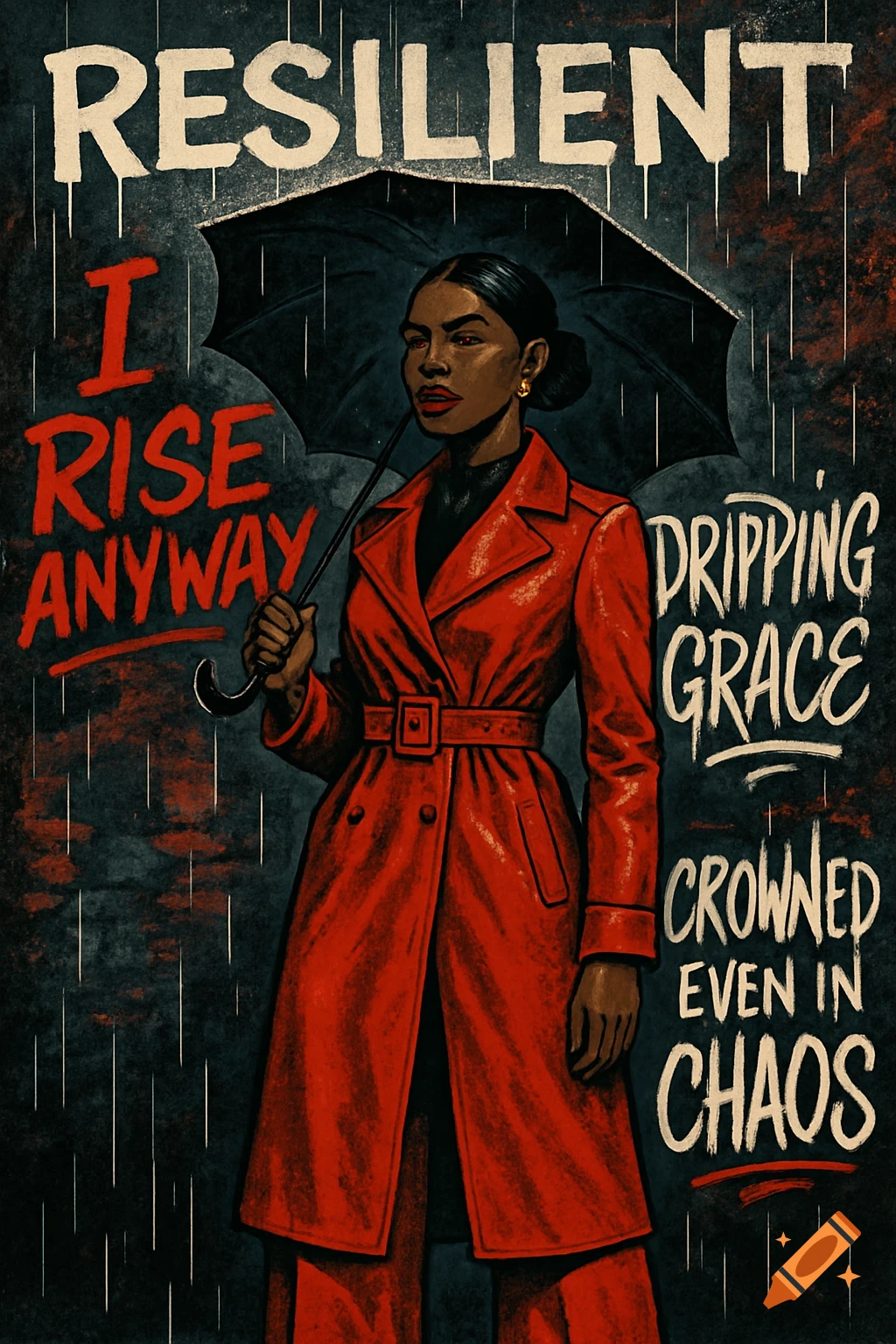 Bold digital illustration of a Black woman in a red coat holding an umbrella in the rain with empowering text.