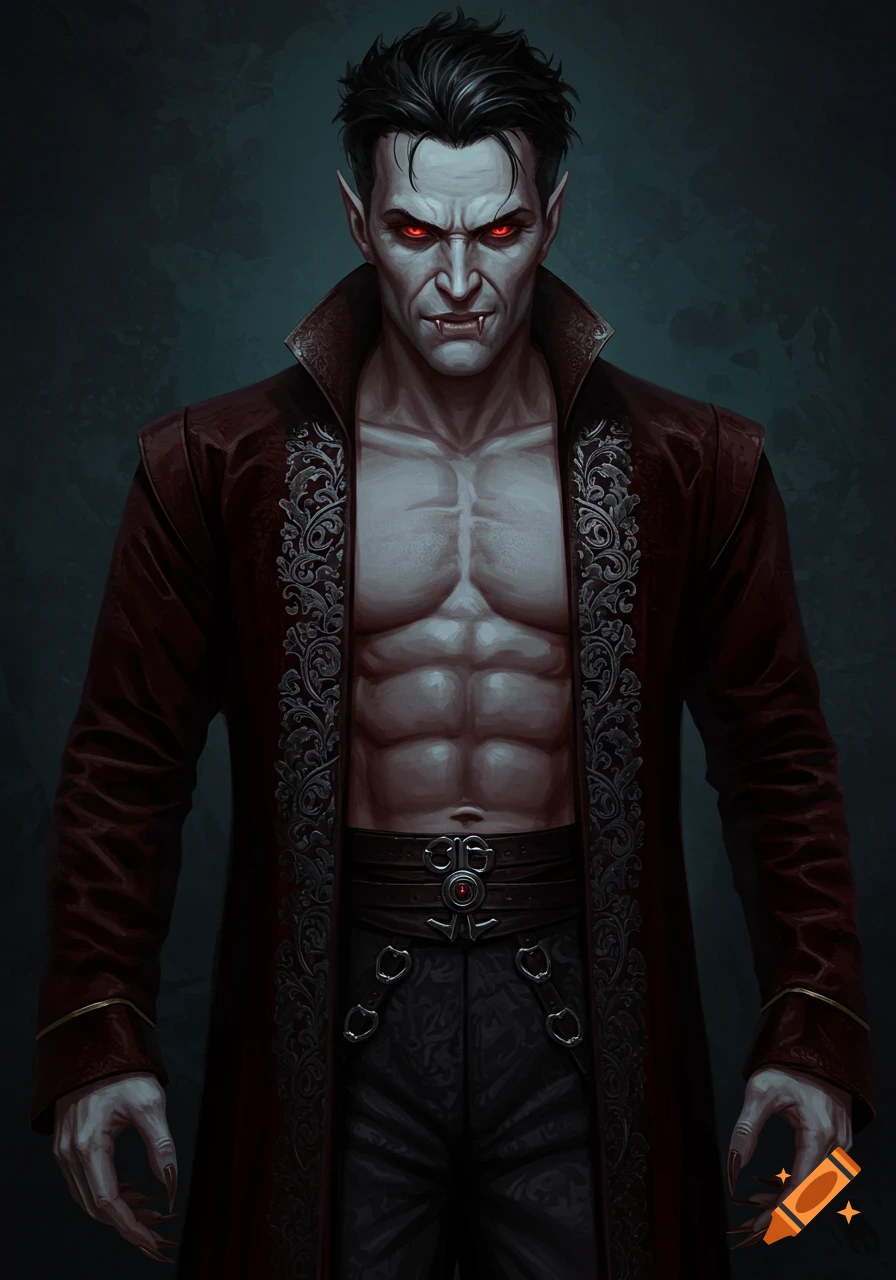A formidable male vampire with pale skin, glowing red eyes, fangs, and a muscular bare chest, wearing an ornate open dark red coat. Digital art.