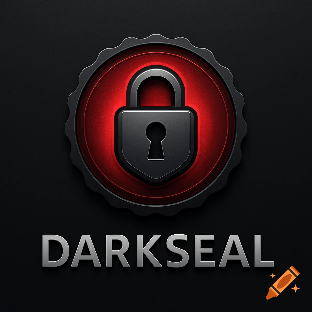 A sleek red and dark grey circular seal logo with a metallic padlock in the center and the word "DARKSEAL" below it, on a black background.