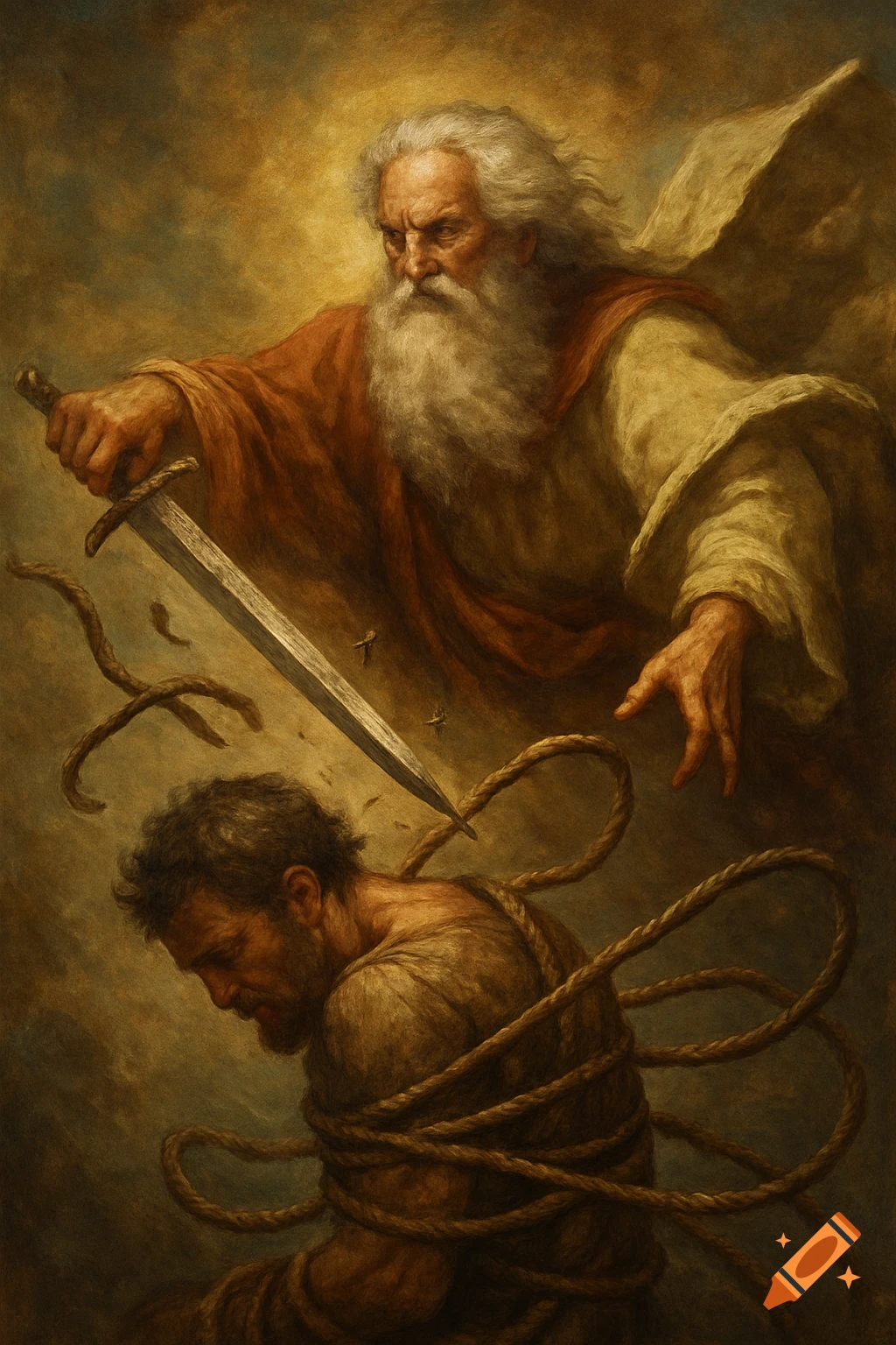 An old man with a long white beard, in robes, holds a sword above a younger man tied with ropes, in a painterly style.