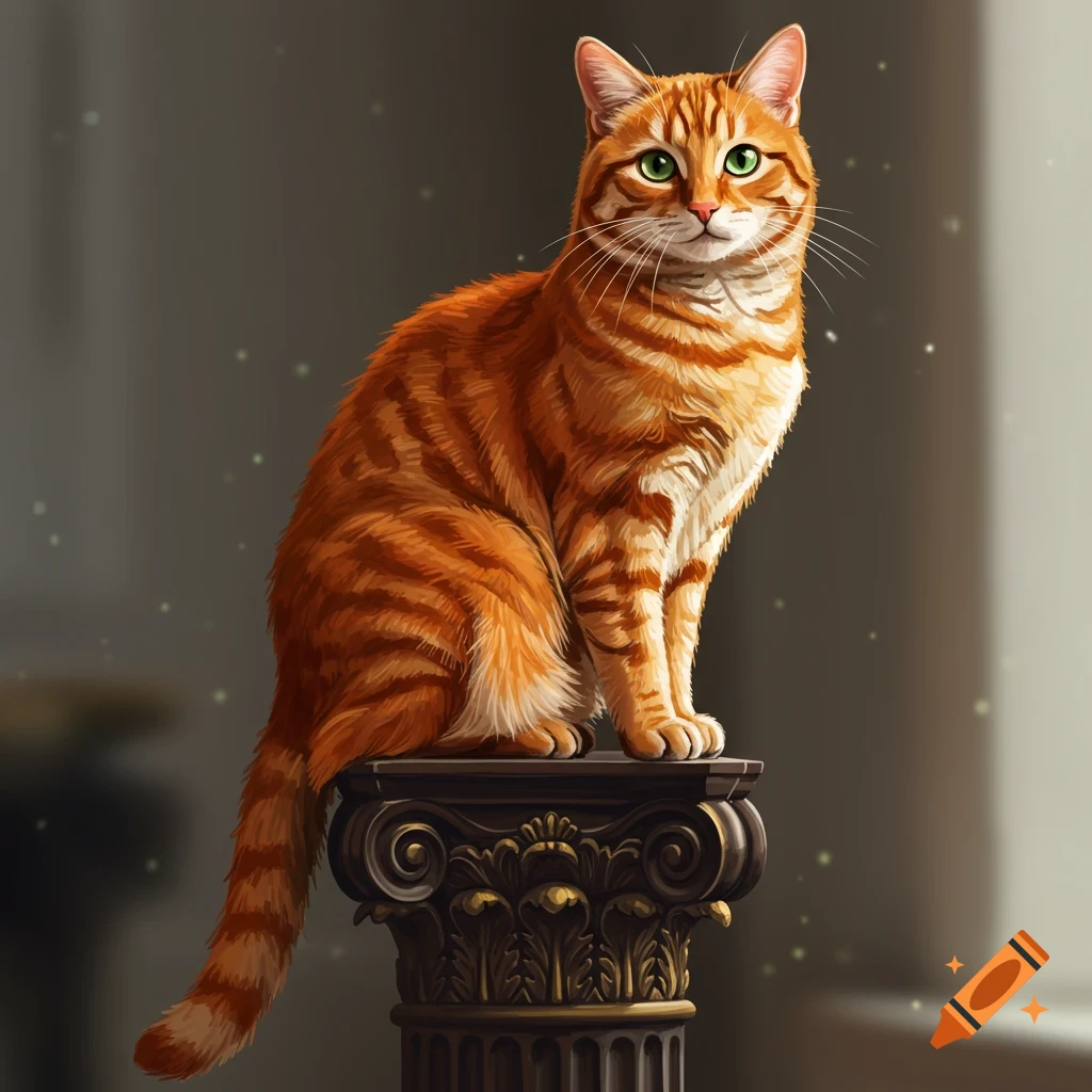 An orange tabby cat with bright green eyes sits proudly atop a dark, ornate classical pedestal in a softly lit, somewhat blurred interior.