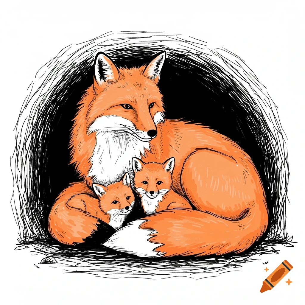 A simple line drawing of an orange mother fox with two small cubs nestled in a dark den.