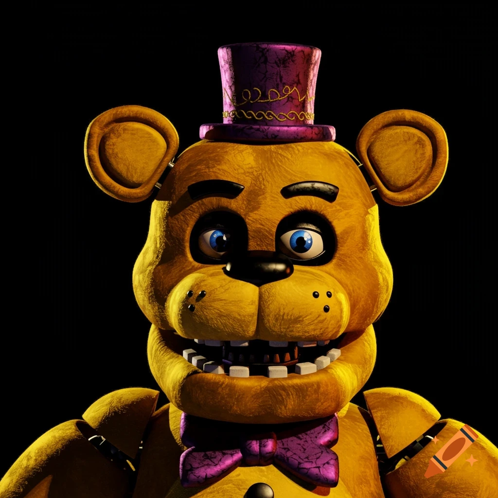 A yellow animatronic bear wearing a purple top hat and purple bowtie against a black background.