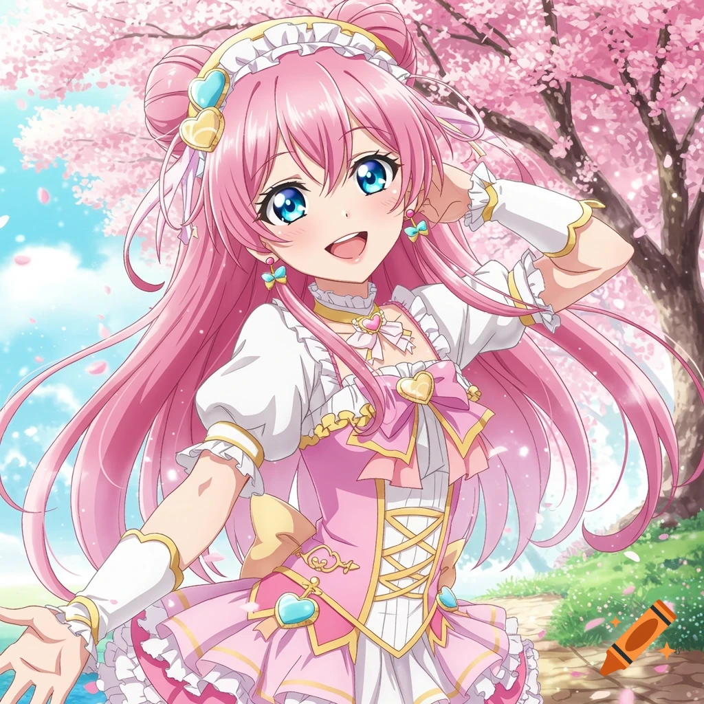An anime girl with pink hair and blue eyes, smiling under a pink cherry blossom tree.