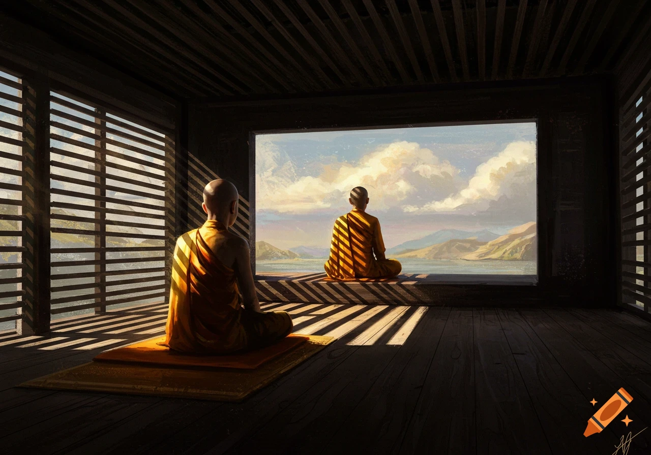 Two monks meditate in a dark room with bright sunlight streaming through horizontal blinds, overlooking a serene mountainous landscape.