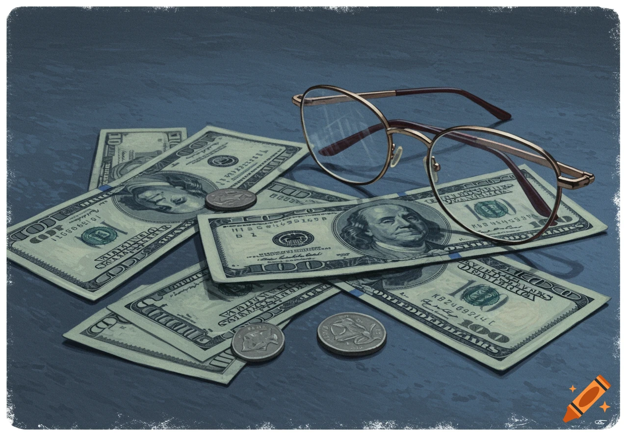 A still life image of scattered US dollar bills and silver coins on a dark blue surface, with a pair of reading glasses resting on top.