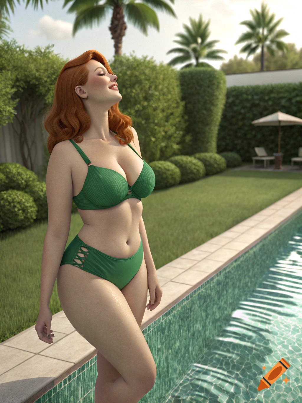 Photorealistic image of a redhead in a green bikini smiling by a swimming pool in a sunny garden.