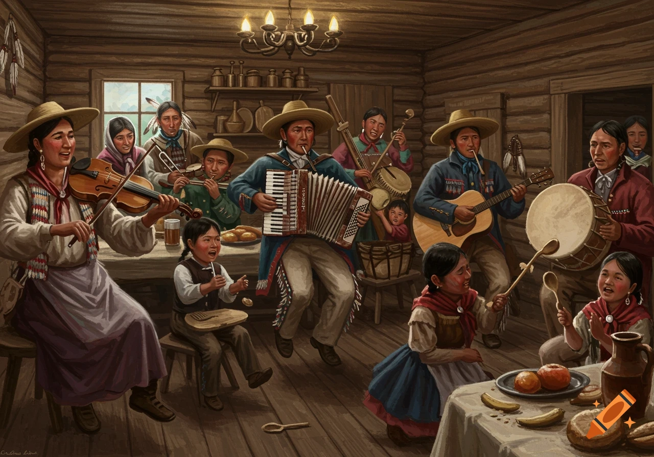 A vibrant painting of Métis people playing music and celebrating in a rustic wooden cabin during an 1850s kitchen party.