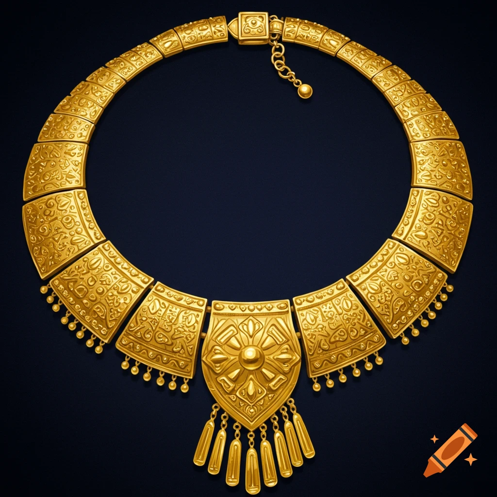 An intricately designed gold Kenyan necklace with a large central pendant on a dark background.