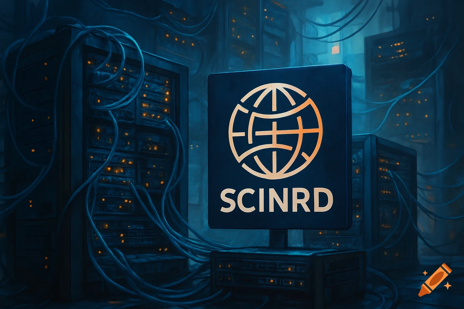A stylized image of a dark server room filled with glowing server racks and tangled cables, featuring a prominent screen displaying an orange globe logo with the text "SCINRD" below it.