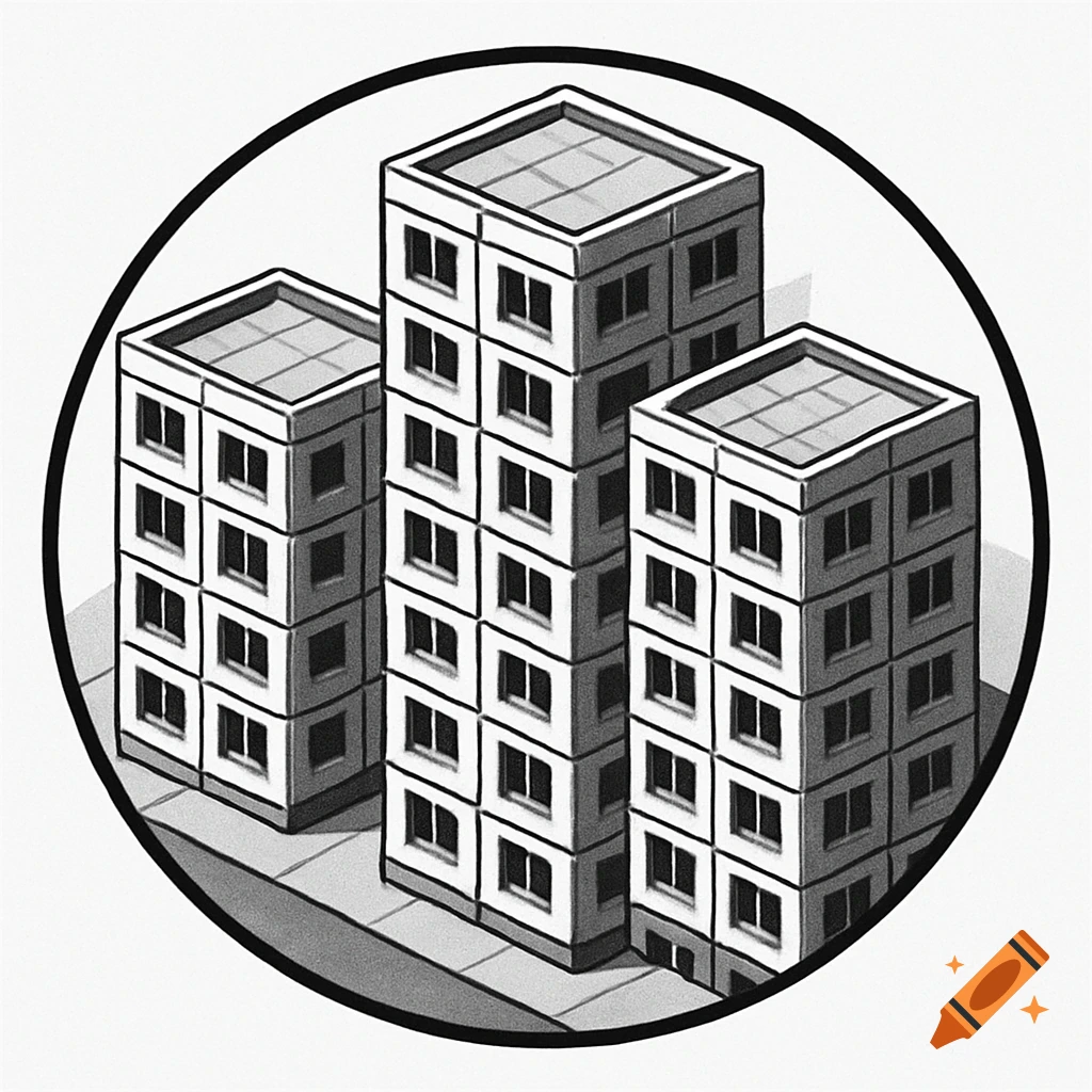 Black and white isometric illustration of three apartment buildings inside a circle.