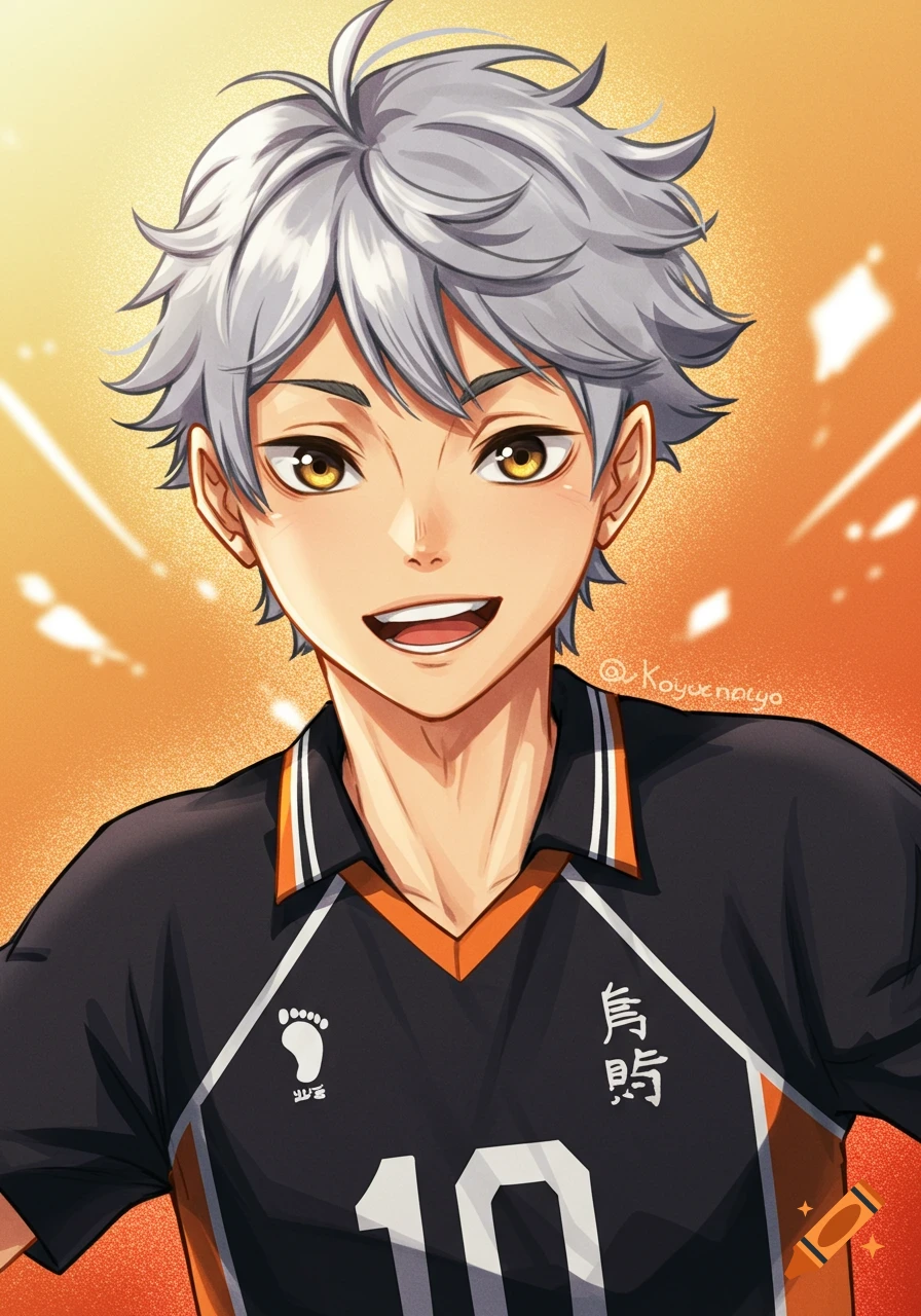 An anime male character with silver spiky hair and honey-brown eyes, smiling while wearing a black and orange volleyball uniform with the number 10 and Japanese text.