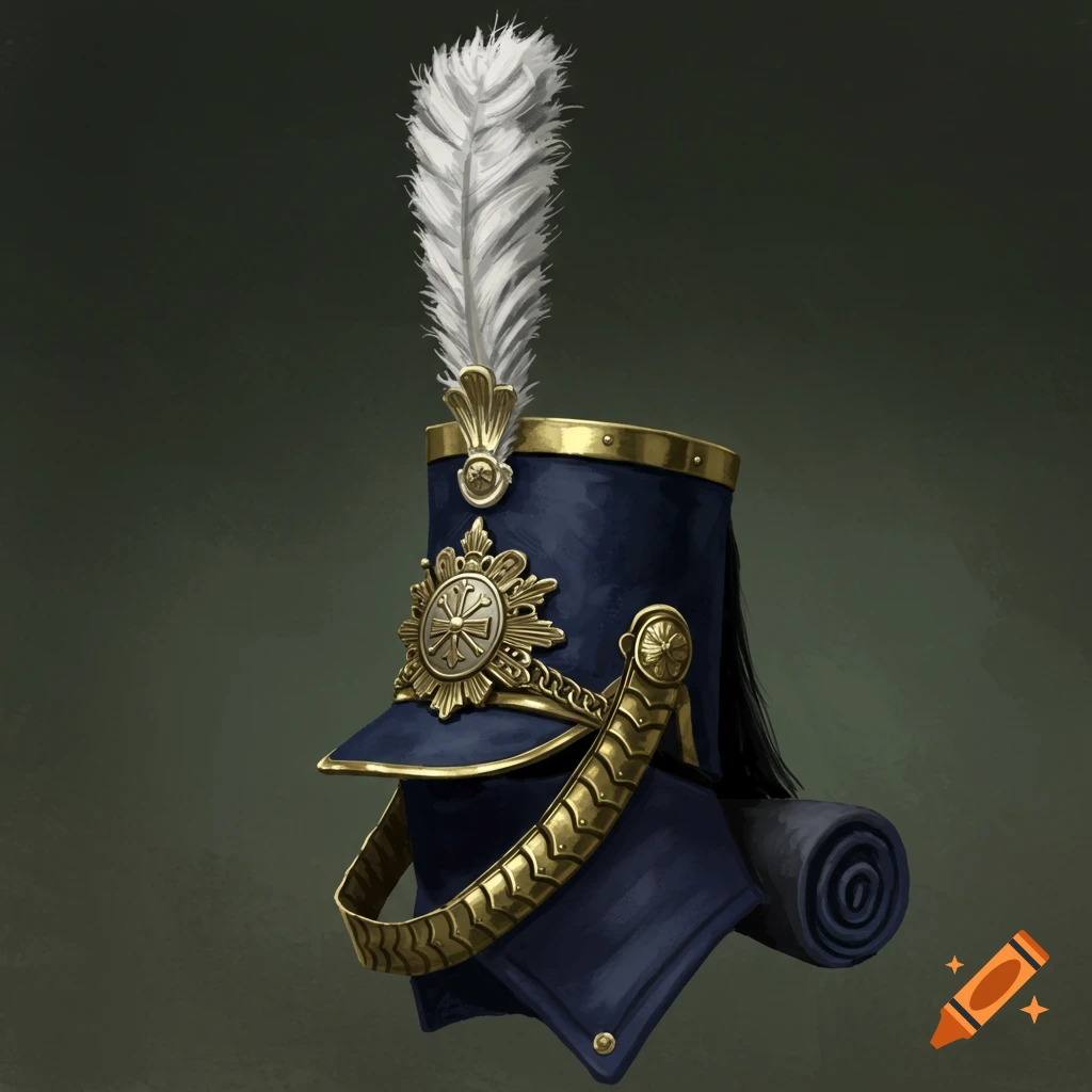 A detailed, ornate blue shako military hat with a white feather plume and gold trim, against a dark green background.