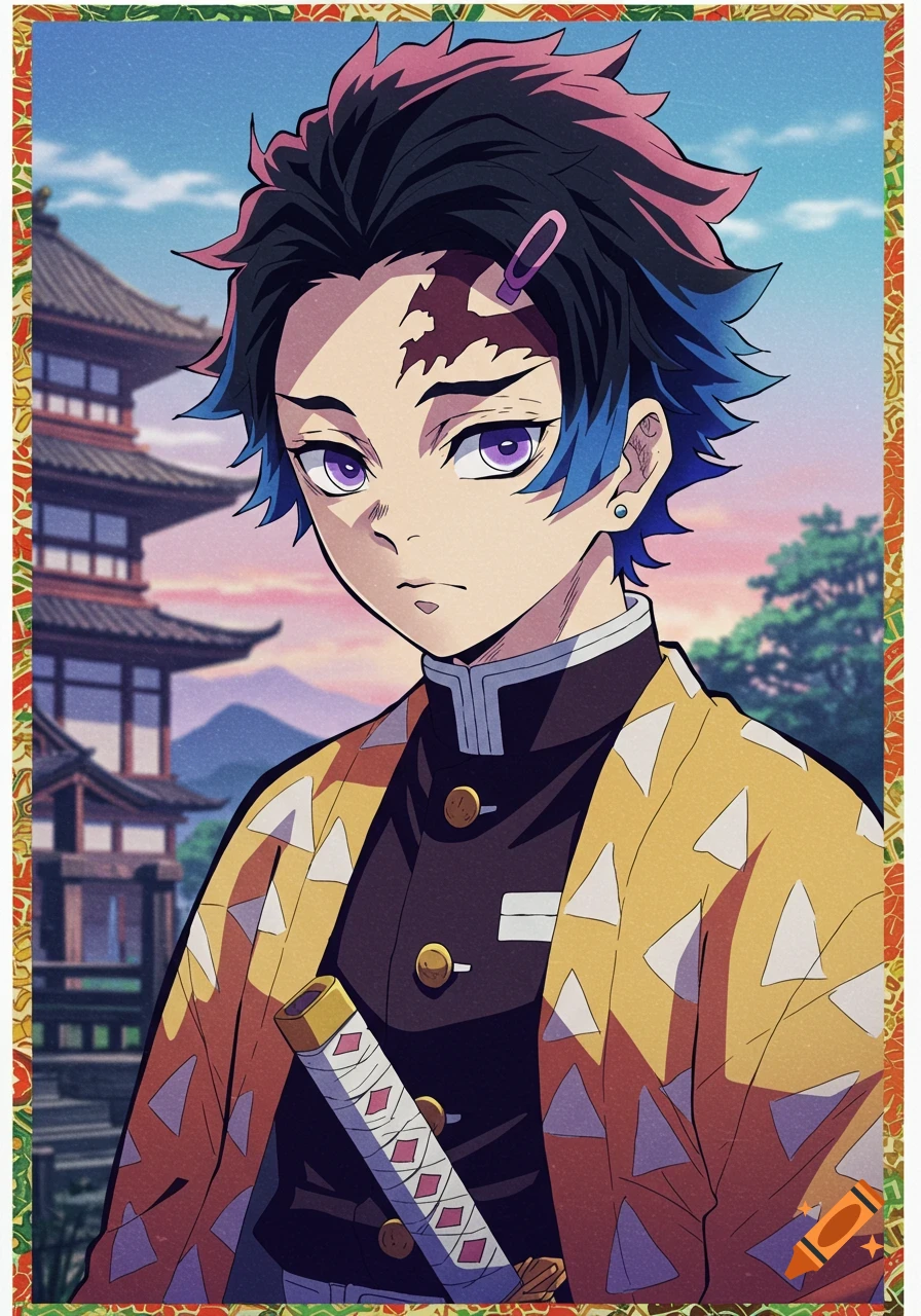 Anime male character with black, blue, and pink hair, purple eyes, and forehead mark, wearing a black uniform and yellow haori.