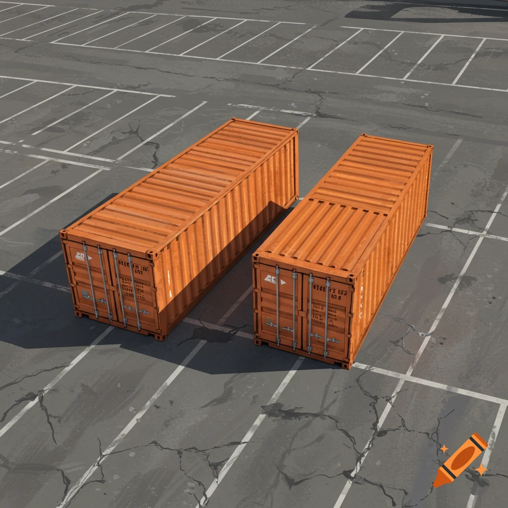 Two orange shipping containers sit in a cracked asphalt parking lot from an aerial view.