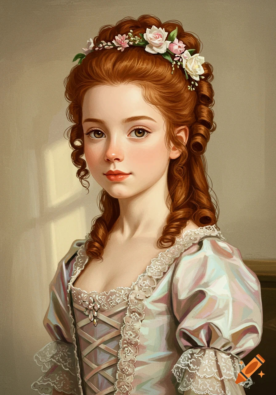 A digitally painted portrait of a young girl from the 1700s with reddish-brown curly hair adorned with flowers, wearing a lace-trimmed historical gown.
