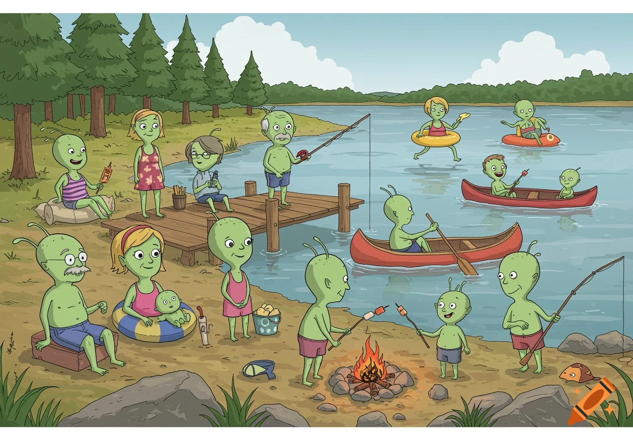 A simple cartoon of green aliens enjoying a lake vacation, some fishing, canoeing, swimming, and roasting marshmallows.