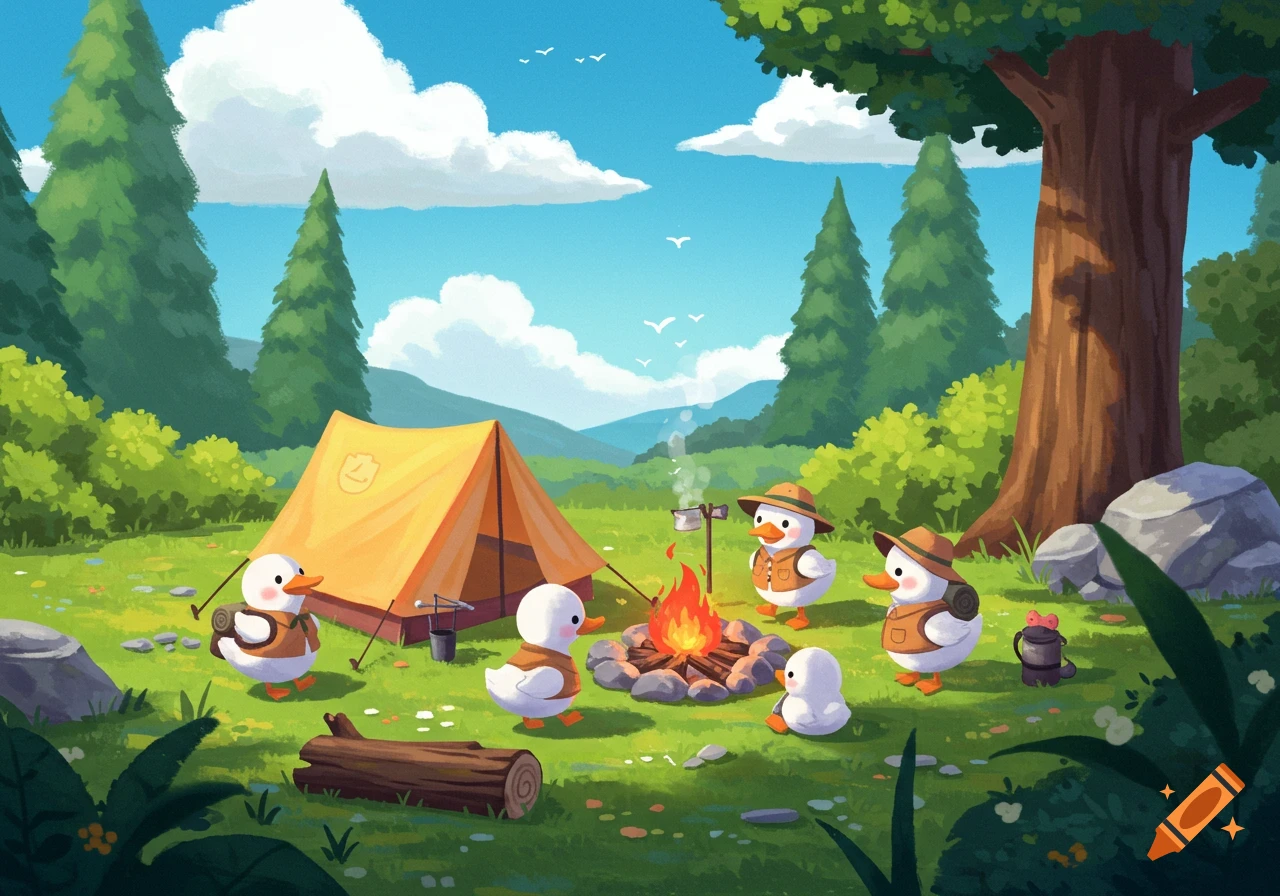 Cartoon ducks camping around a campfire next to a tent in a lush forest.