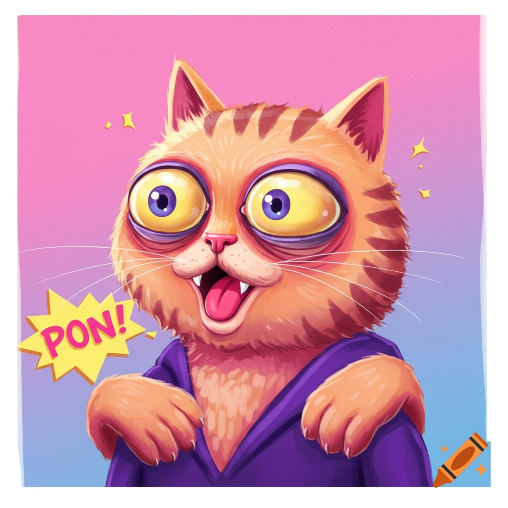Cartoon cat with wide, bloodshot eyes and a big smile, wearing a purple robe, with a yellow star speech bubble saying 'PON!'.