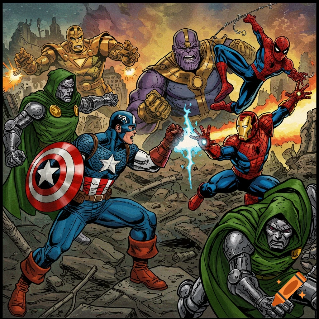 Captain America, Iron Man, Spider-Man, Thanos, and Doctor Doom battle in a destroyed city in a vibrant comic book style.