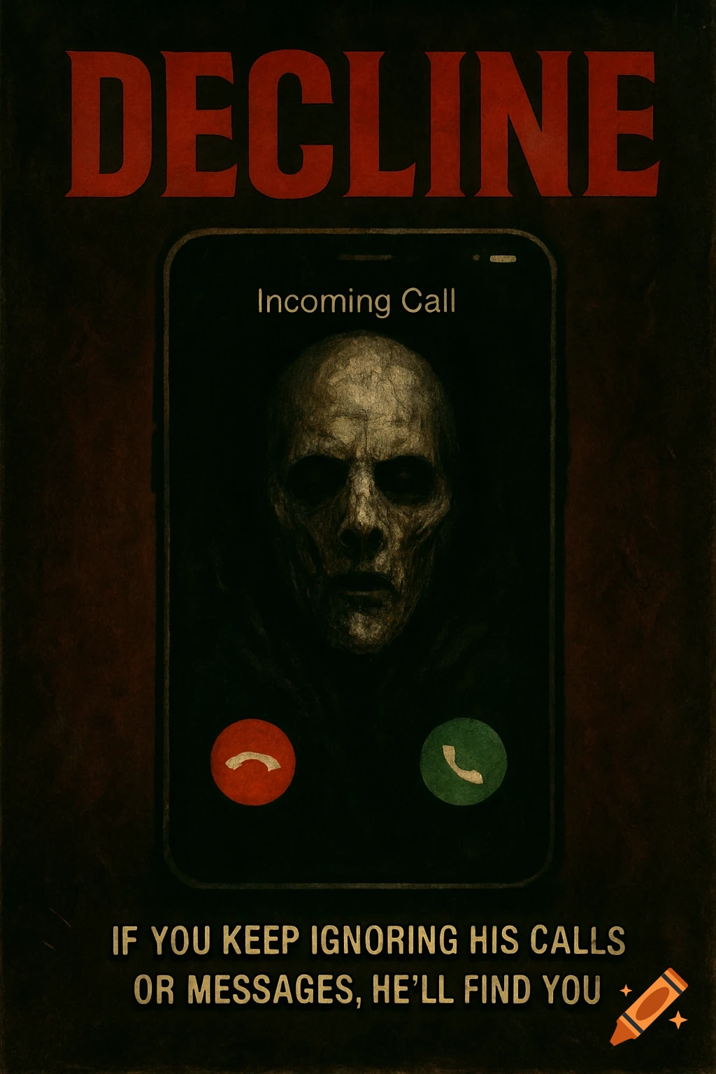 A horror movie poster with a phone showing a monstrous face during an incoming call, with 'DECLINE' at the top and a tagline below.