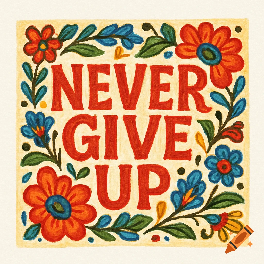 Colorful folk art style illustration with 'NEVER GIVE UP' text surrounded by red and blue flowers on a light textured background.