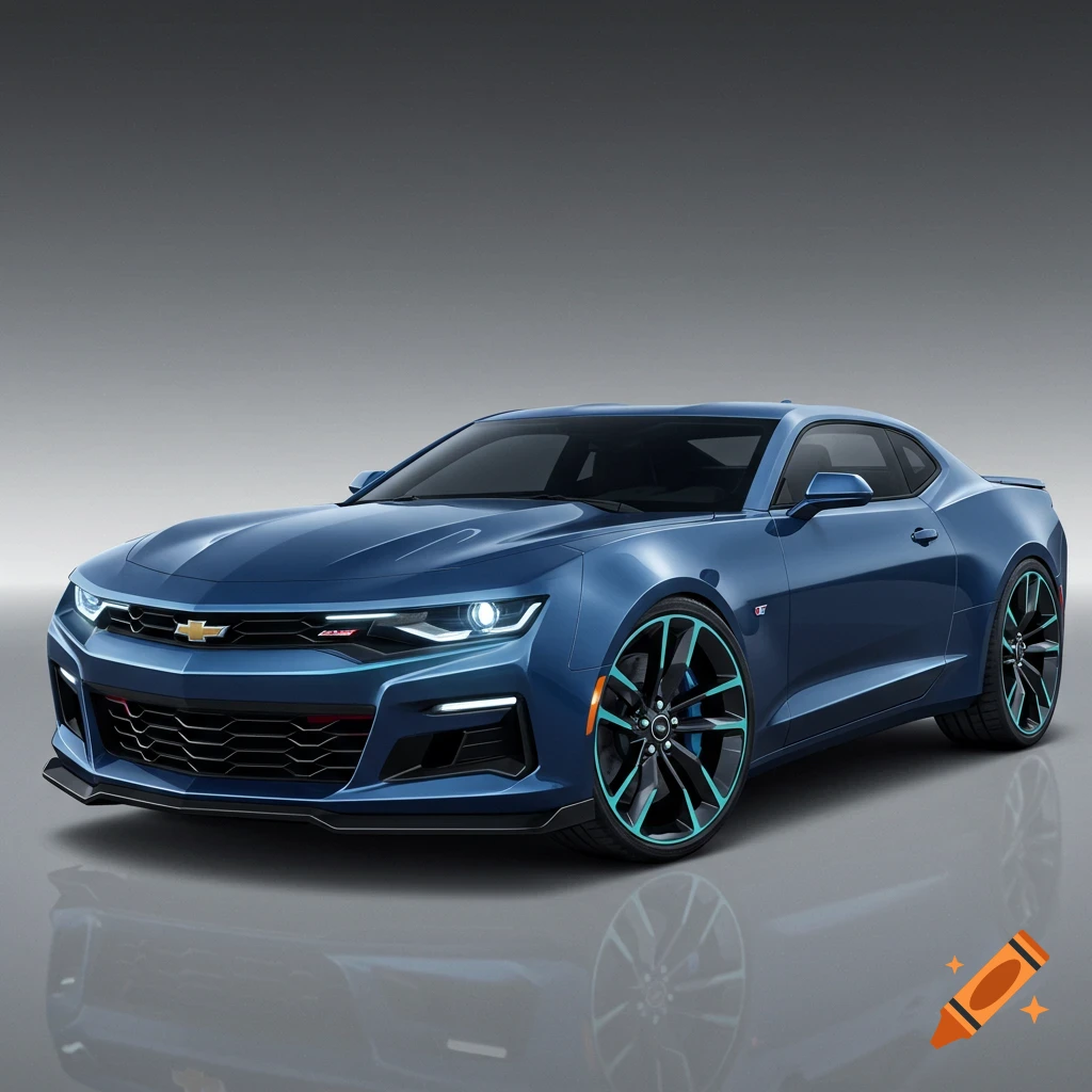 A blue Chevrolet Camaro sports car with teal wheel accents on a grey background with a reflection.