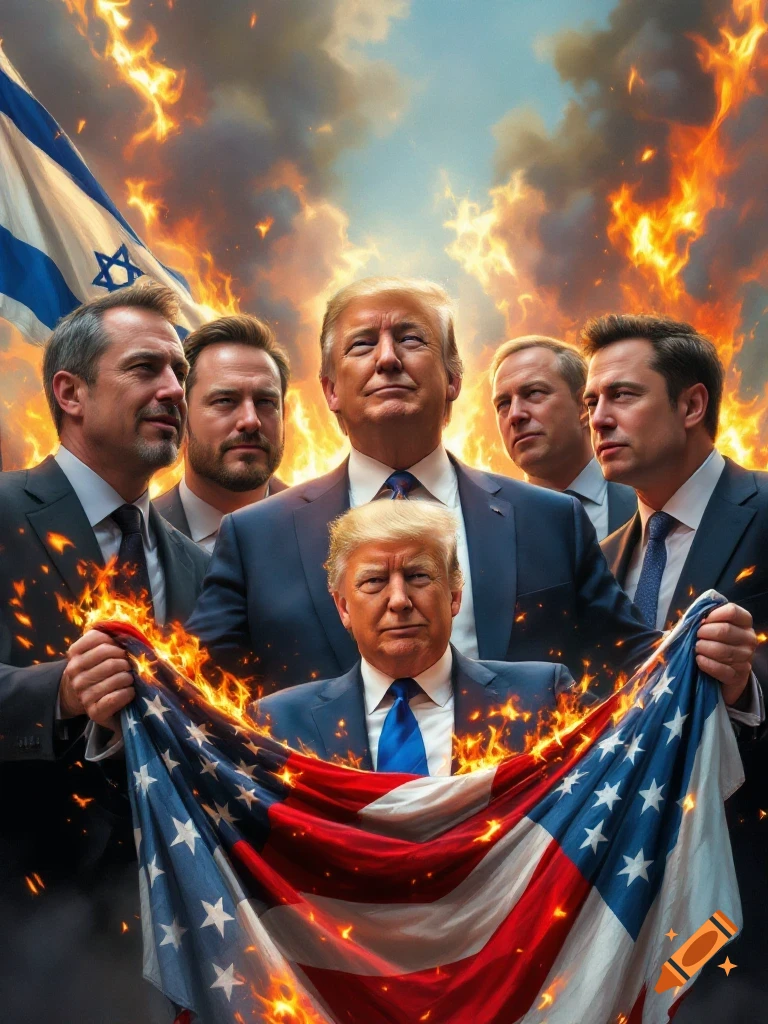 Photorealistic painting of Donald Trump holding a burning American flag, surrounded by other men, with an Israeli flag and a fiery sky in the background.