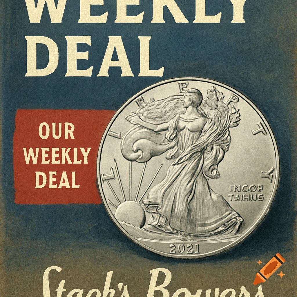 An advertisement for Stack's Bowers featuring a silver American Eagle coin on a dark blue background with the text 'OUR WEEKLY DEAL' and 'WEEKLY DEAL'.