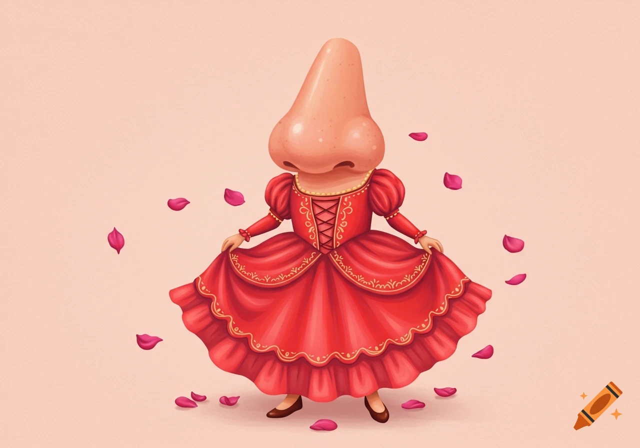 A large human nose dressed in a red gown with gold trim, surrounded by pink rose petals.