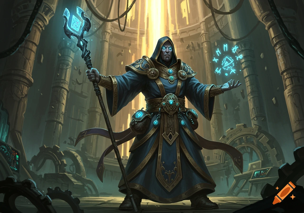 A robed mage with glowing blue eyes and a staff stands in a vast hall with machinery, conjuring glowing runes in a painterly fantasy style.