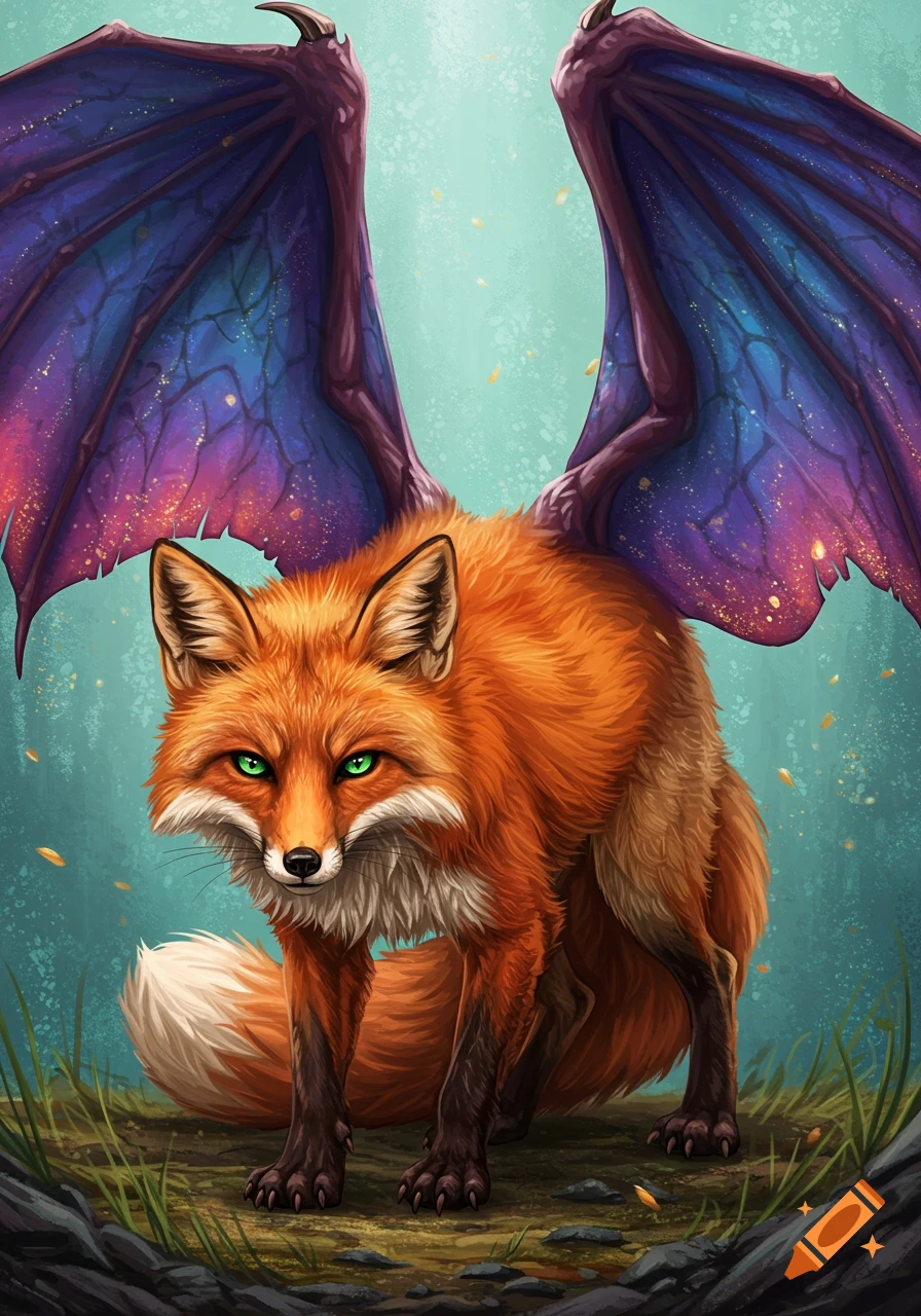 An orange fox with vibrant green eyes and large, iridescent purple and blue dragon wings stands on a forest floor.