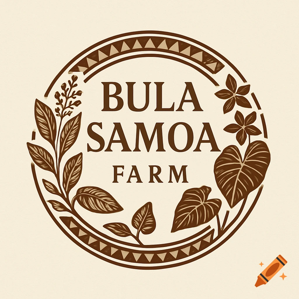 A circular brown and beige logo for "Bula Samoa Farm" featuring various tropical leaves and flowers surrounding the text.