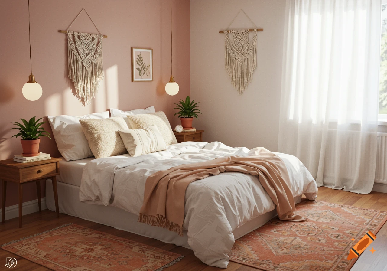 A cozy bedroom with a bed, nightstands, lamps, plants, and macrame wall hangings in a warm, minimalist style.