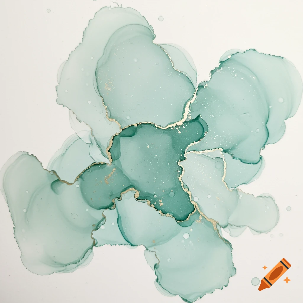 Abstract artwork with flowing green and teal watercolor-like shapes and gold accents on a white background.