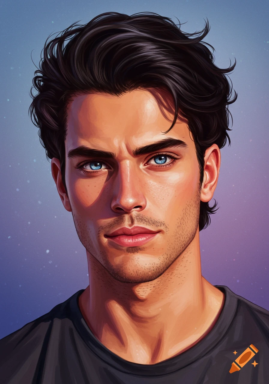 A close-up digital painting of a young man with dark wavy hair, bright blue eyes, and light stubble, against a blurred purple background.