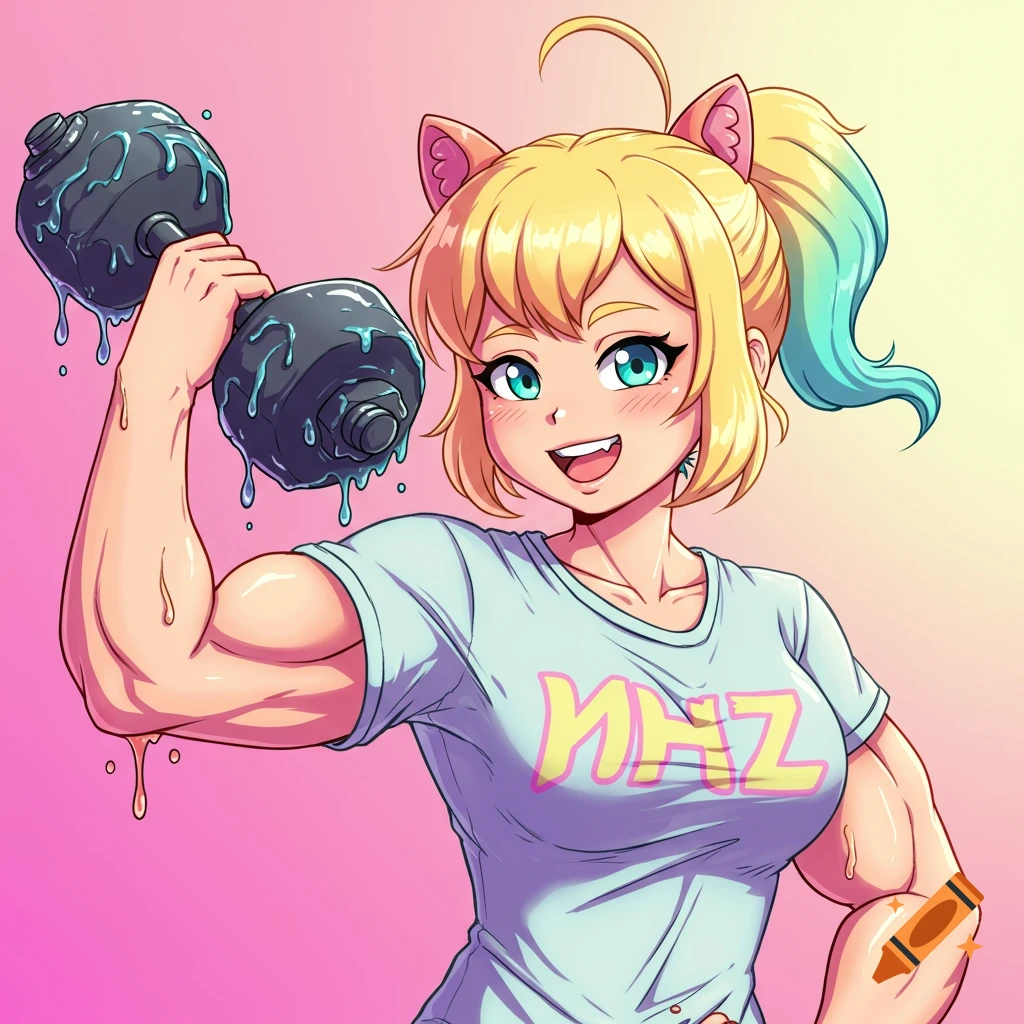 Anime girl with cat ears flexing her arm while holding a melted dumbbell, wearing a t-shirt with a graphic.