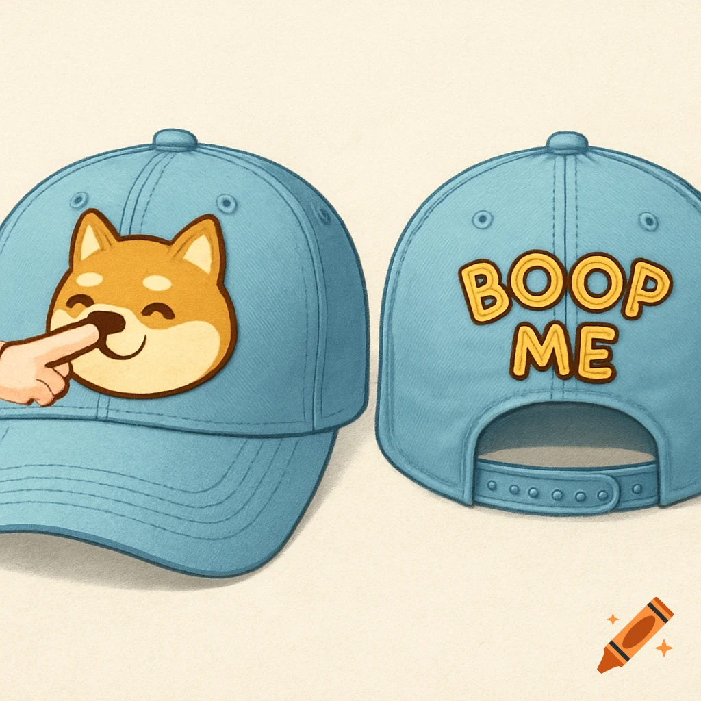 Two light blue baseball caps, one with a cartoon Shiba Inu being 'booped', the other with 'BOOP ME' text on the back.
