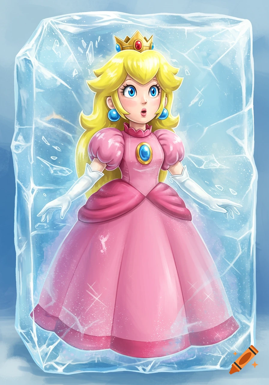 Princess Peach, in her pink dress and crown, frozen inside a block of ice, looking surprised, in a vibrant digital art style.