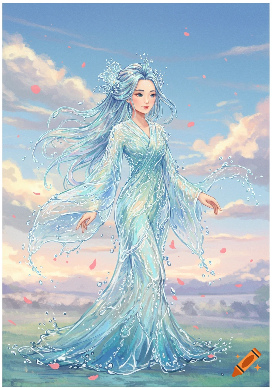 An ethereal water goddess with flowing water hair and a translucent dress stands under a cloudy sky with pink petals floating around.