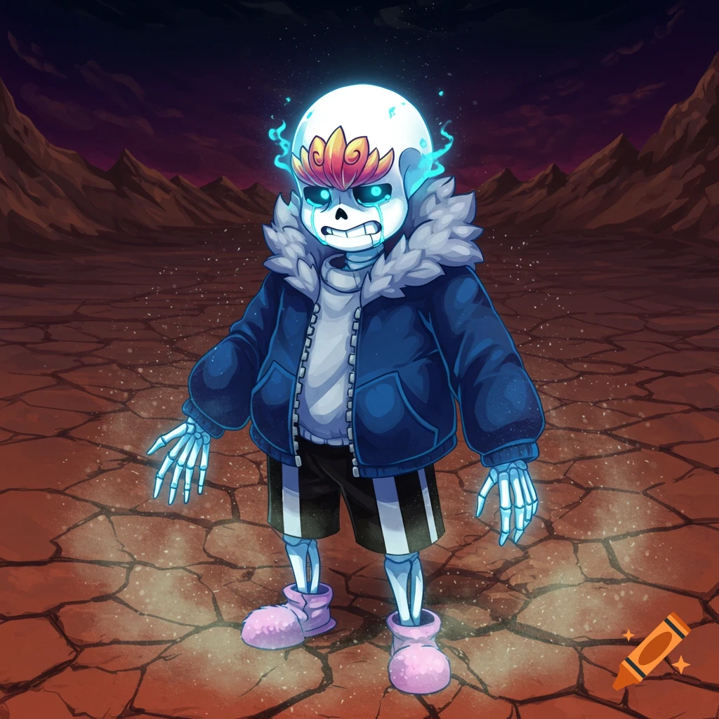 A skeletal character with glowing blue eyes and a distressed expression stands in a cracked, barren landscape.