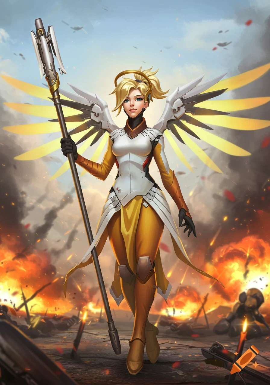 Mercy from Overwatch, in her combat suit with large wings and halo, stands holding a staff on a fiery battlefield.
