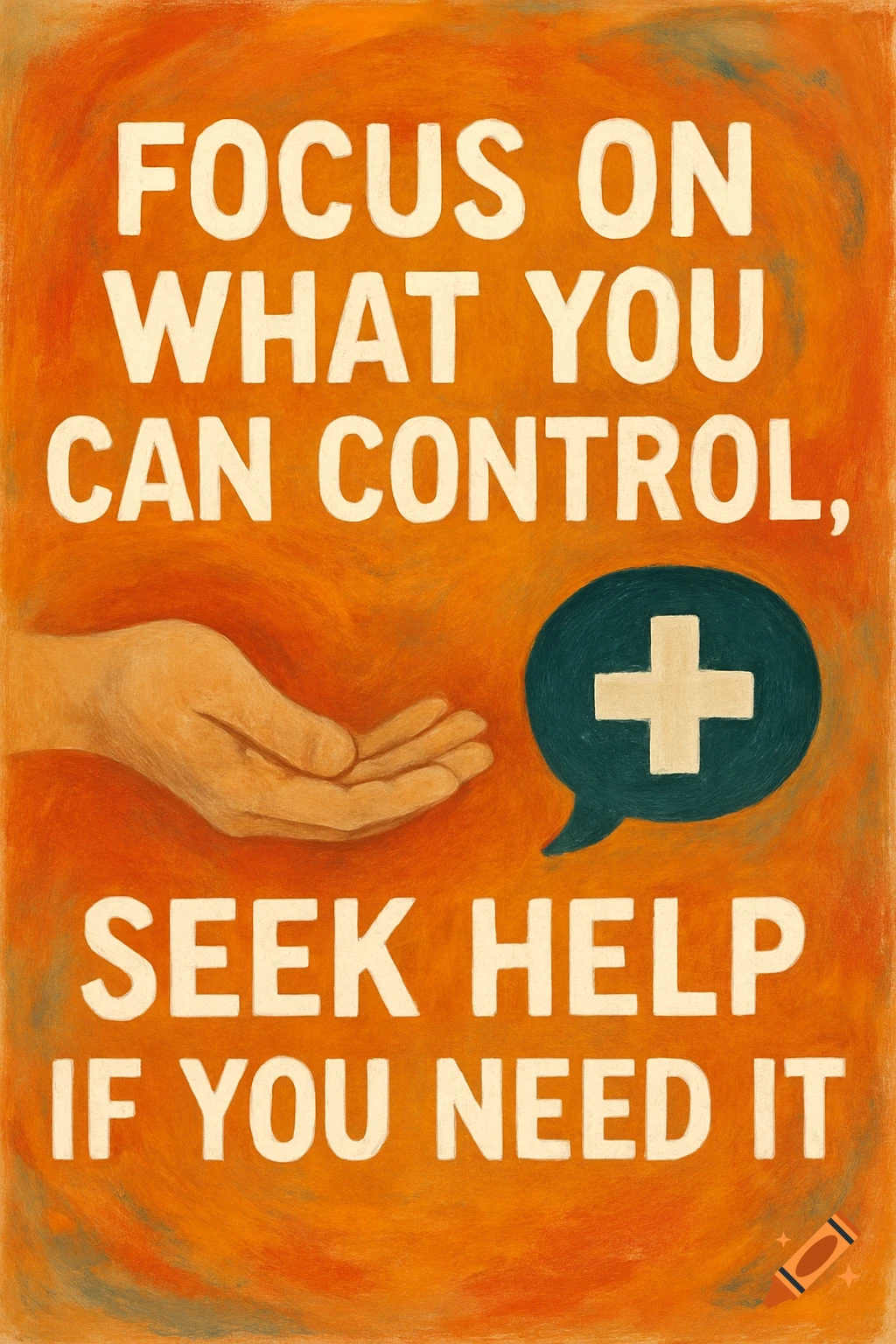 Vintage poster with 'Focus on what you can control, seek help if you need it' text, a hand, and a speech bubble with a plus sign, in a painterly style.